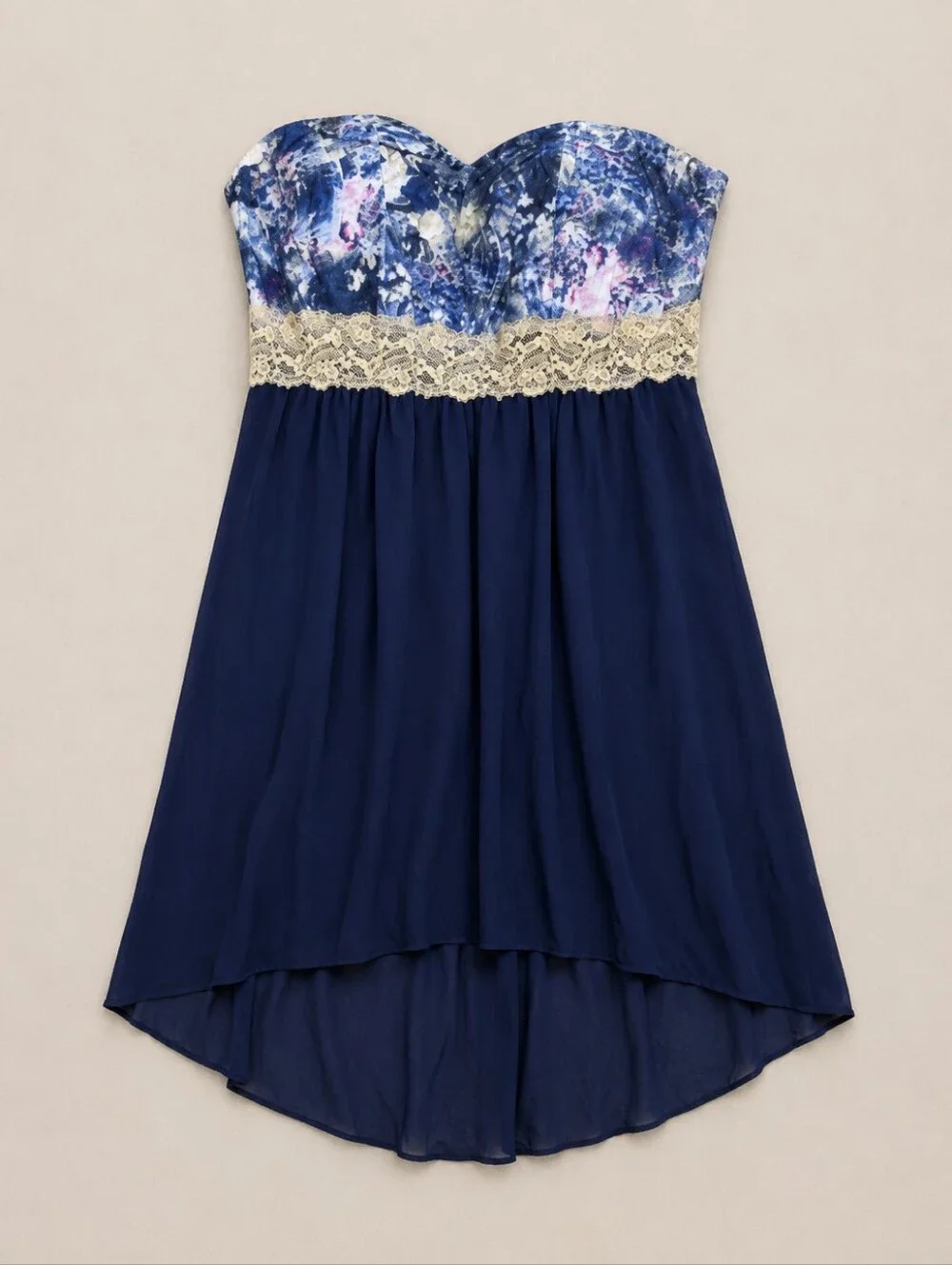 New Look Strapless Hi-Low Floral Lace Trim Dress Blue 3X Plus Size Boho Flowy